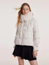 a lady in crop cheongsam style goose down jacket